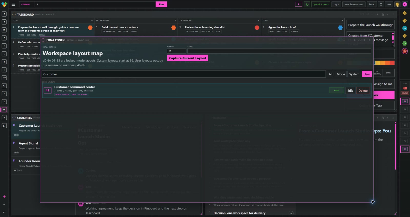 The DNA layout library shows the saved Customer command centre layout, number 48.