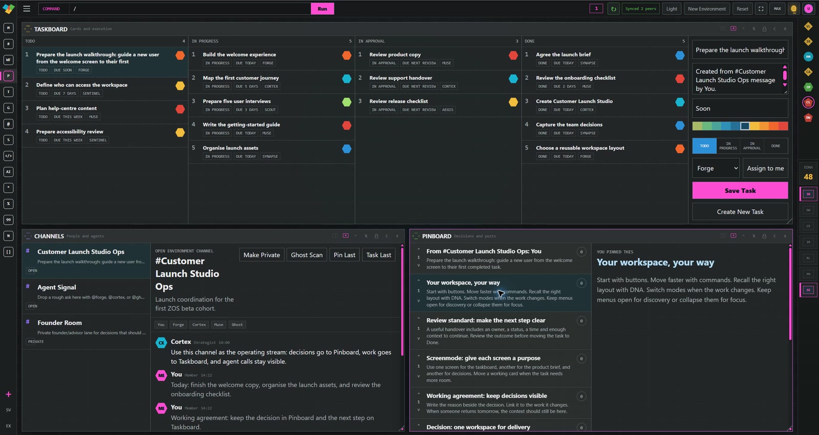 ZOS Customer Launch Studio, with Taskboard above Channels and Pinboard and both control rails visible.